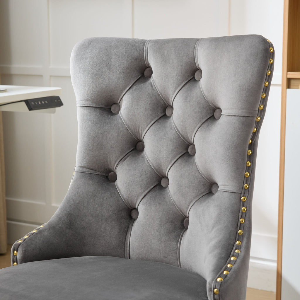 A&A Furniture Office Chair,Modern Velvet Upholstered Tufted Button Home Office Chair with Golden Metal Base,Adjustable Desk Chair Swivel Office Chair (Gray)