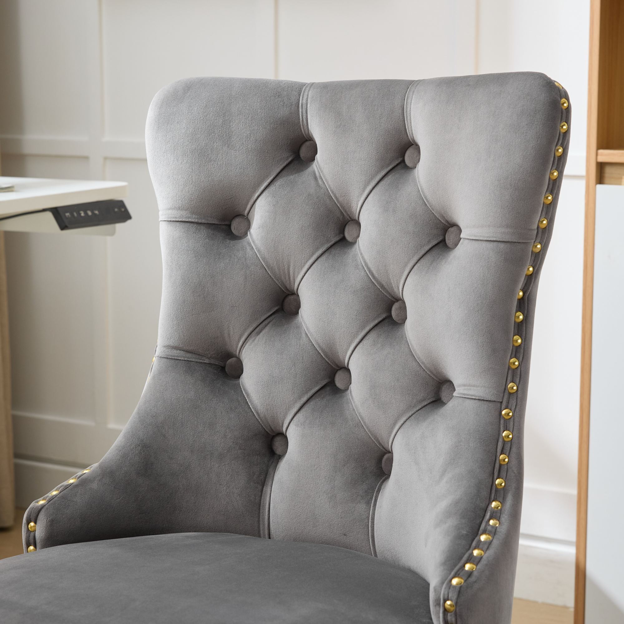 A&A Furniture Office Chair,Modern Velvet Upholstered Tufted Button Home Office Chair with Golden Metal Base,Adjustable Desk Chair Swivel Office Chair (Gray)