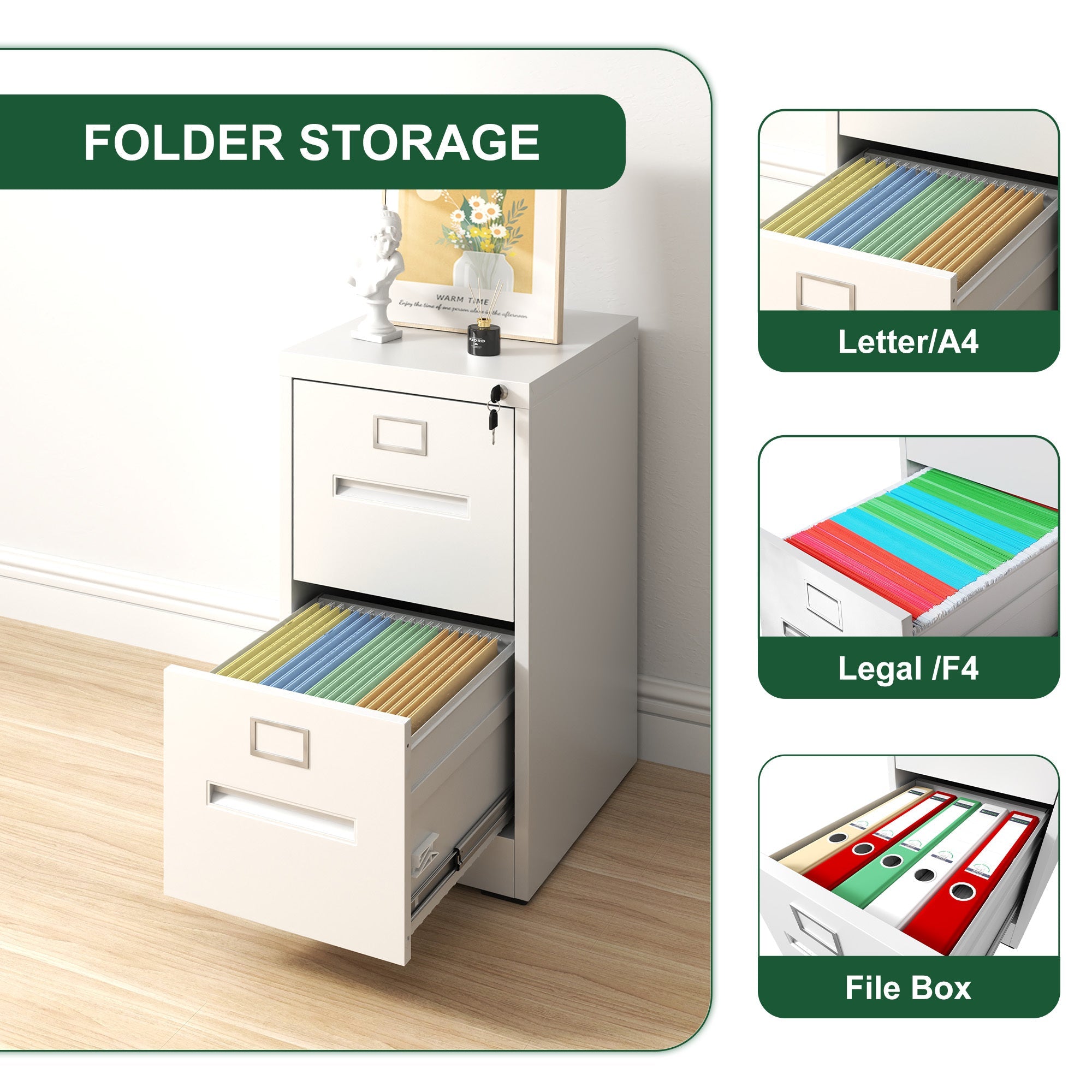 Premium 2 Drawer File Cabinet with Lock, Metal Vertical Design, A4 Legal/Letter Size, White Steel, Compact Dimensions