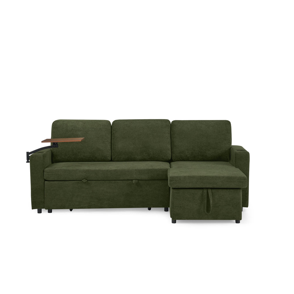 Modern Chenille Multi-functional Pull-Out Bed Sofa with Retractable Table and LED Lighting, USB Charging Ports and Cup Holders, Green