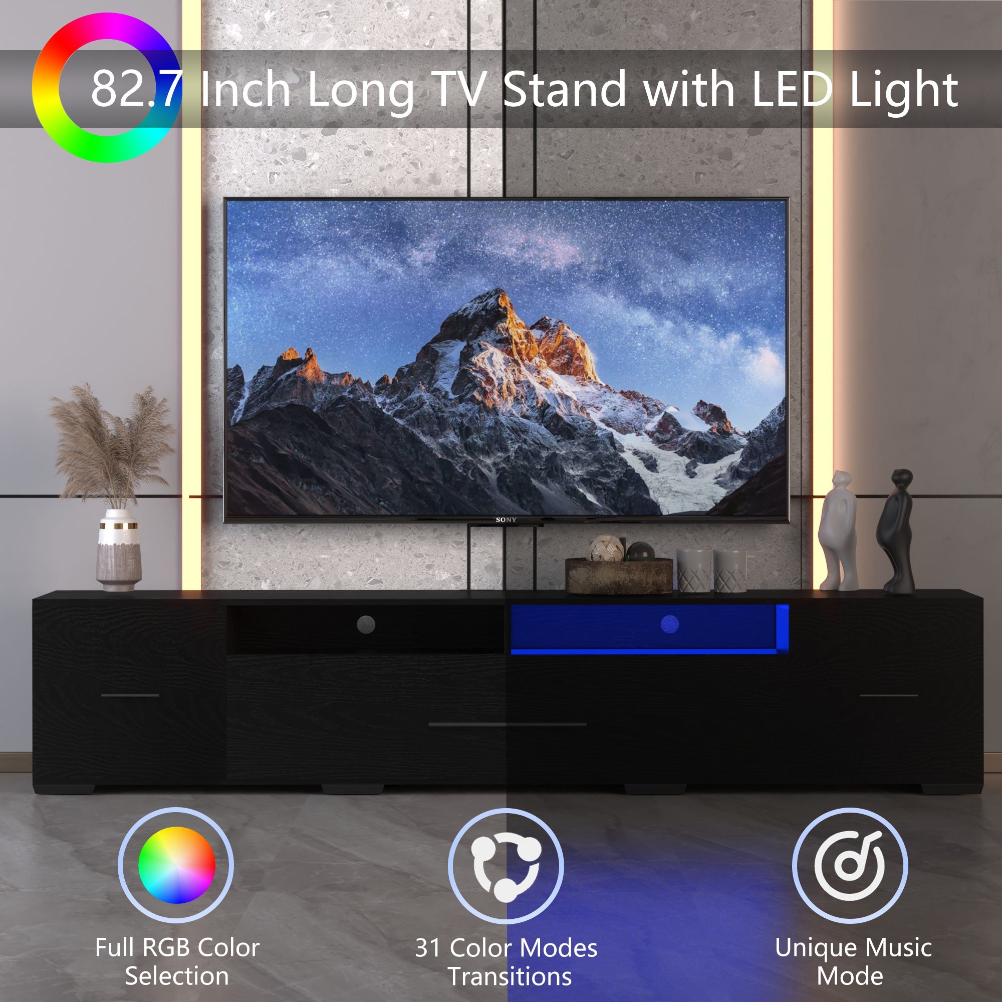 [Video] TV Console with Storage Cabinets, Remote, APP Control Long LED TV Stand, Full RGB Color Selection, 31 Modes Changing Lights Modern Entertainment Center with Power Cord (Black, for 80 inches)
