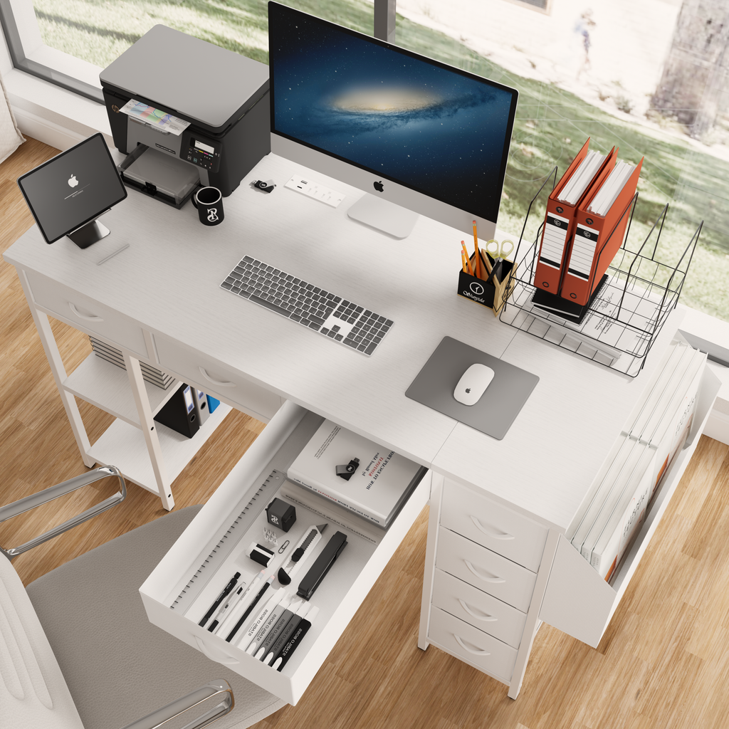 47' Computer Desk With Power Outlet,Writing Desk,Home Office desk,Vanity table with 7 Fabric Drawers, Large Side Pocket,White