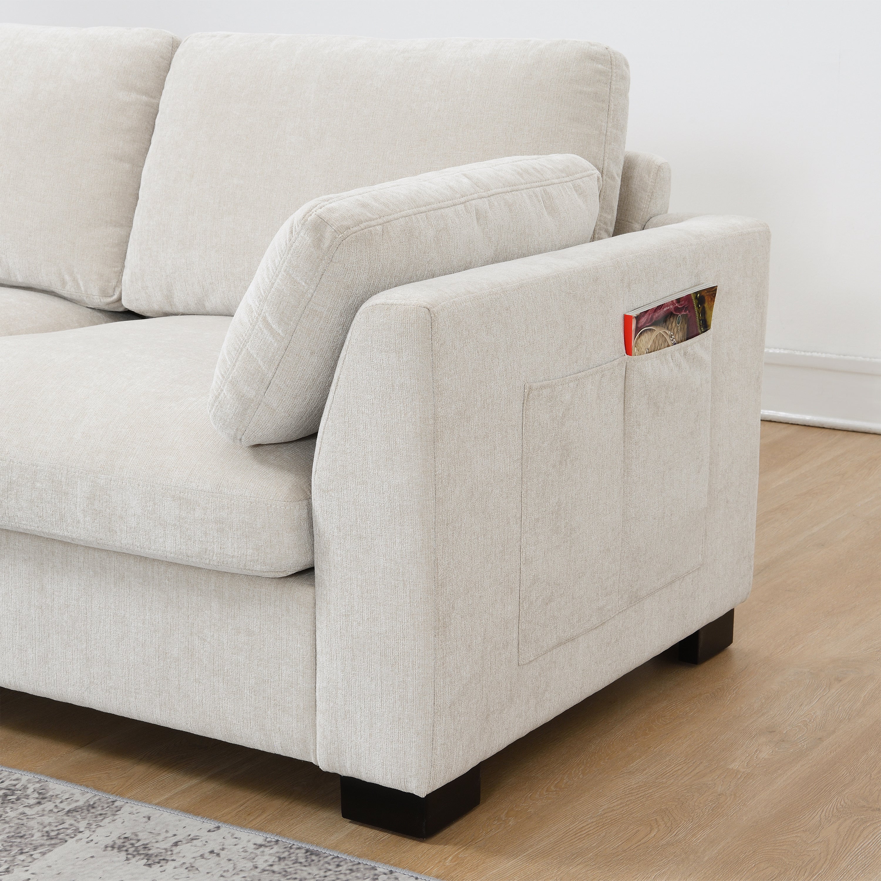 [VIDEO]130' Modular Sectional Sofa, L-Shape with Folding Table and Dual-Port Charging, Side Storage Pockets, 2 Armrest Pillows, Free Movement Ottoman, High Density Foam, Chenille, 5 Seat, 2 Colors