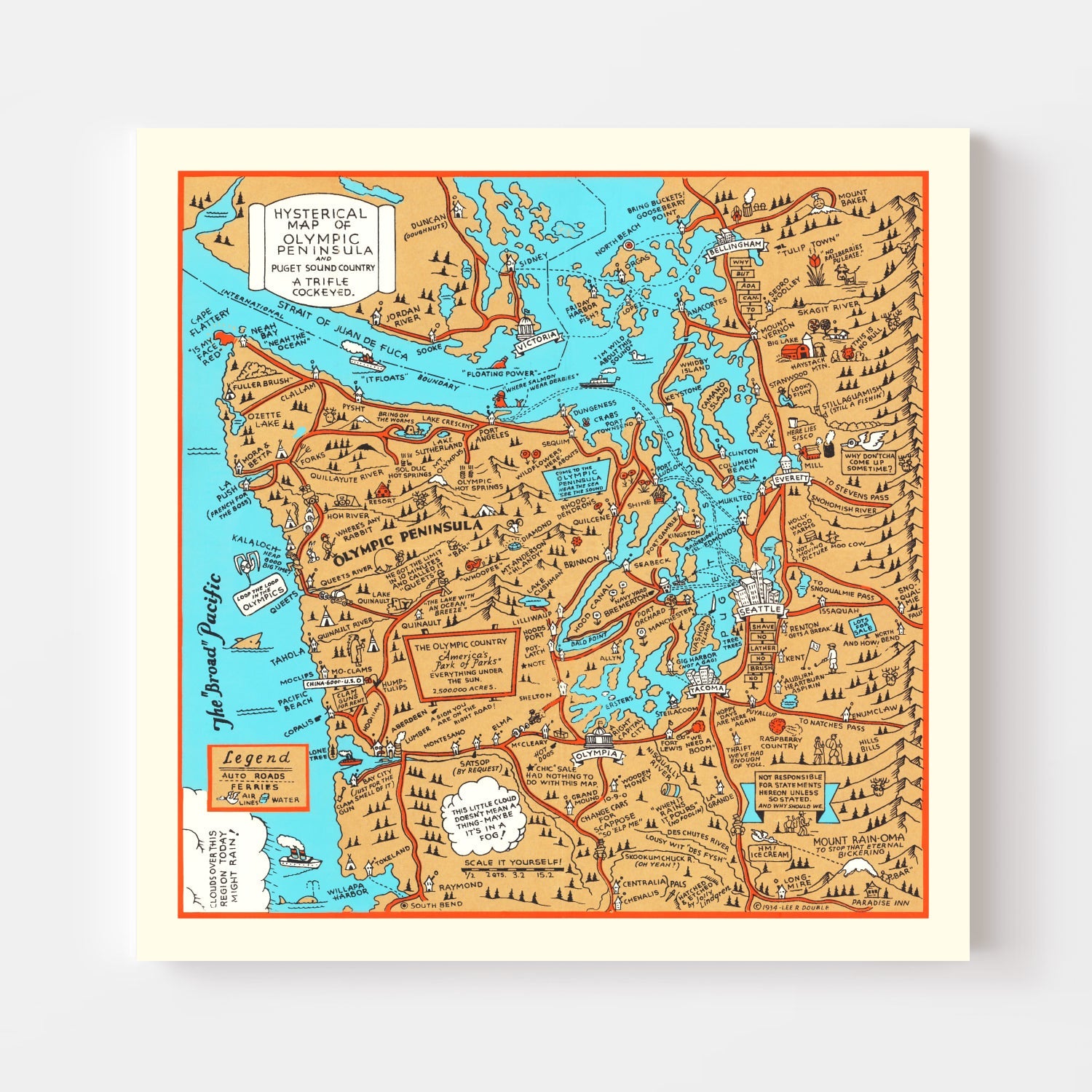 Vintage Map of Olympic Peninsula & Puget Sound, 1934