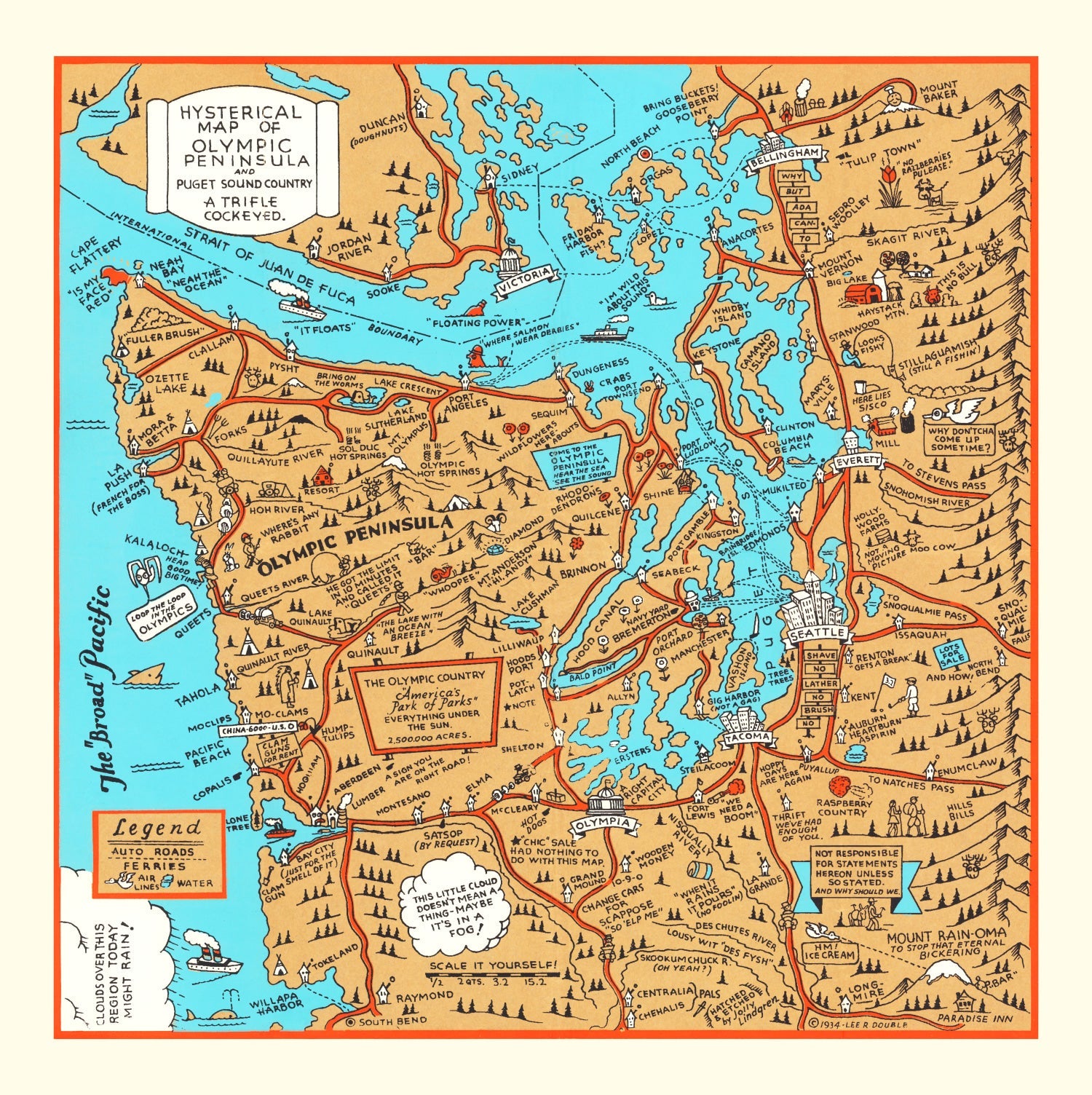 Vintage Map of Olympic Peninsula & Puget Sound, 1934