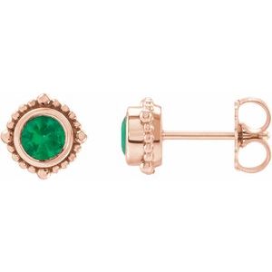 14K Rose Gold 3.5 mm Natural Emerald Beaded Halo-Style Earrings
