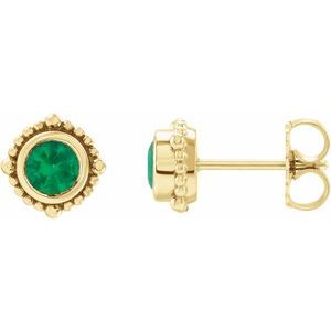 14K Yellow Gold 4.5 mm Natural Emerald Beaded Halo-Style Earrings