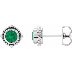 Sterling Silver 3 mm Natural Emerald Beaded Halo-Style Earrings