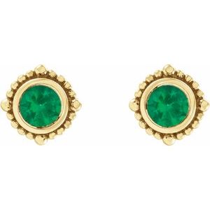 14K Yellow Gold 4 mm Natural Emerald Beaded Halo-Style Earrings – image 2