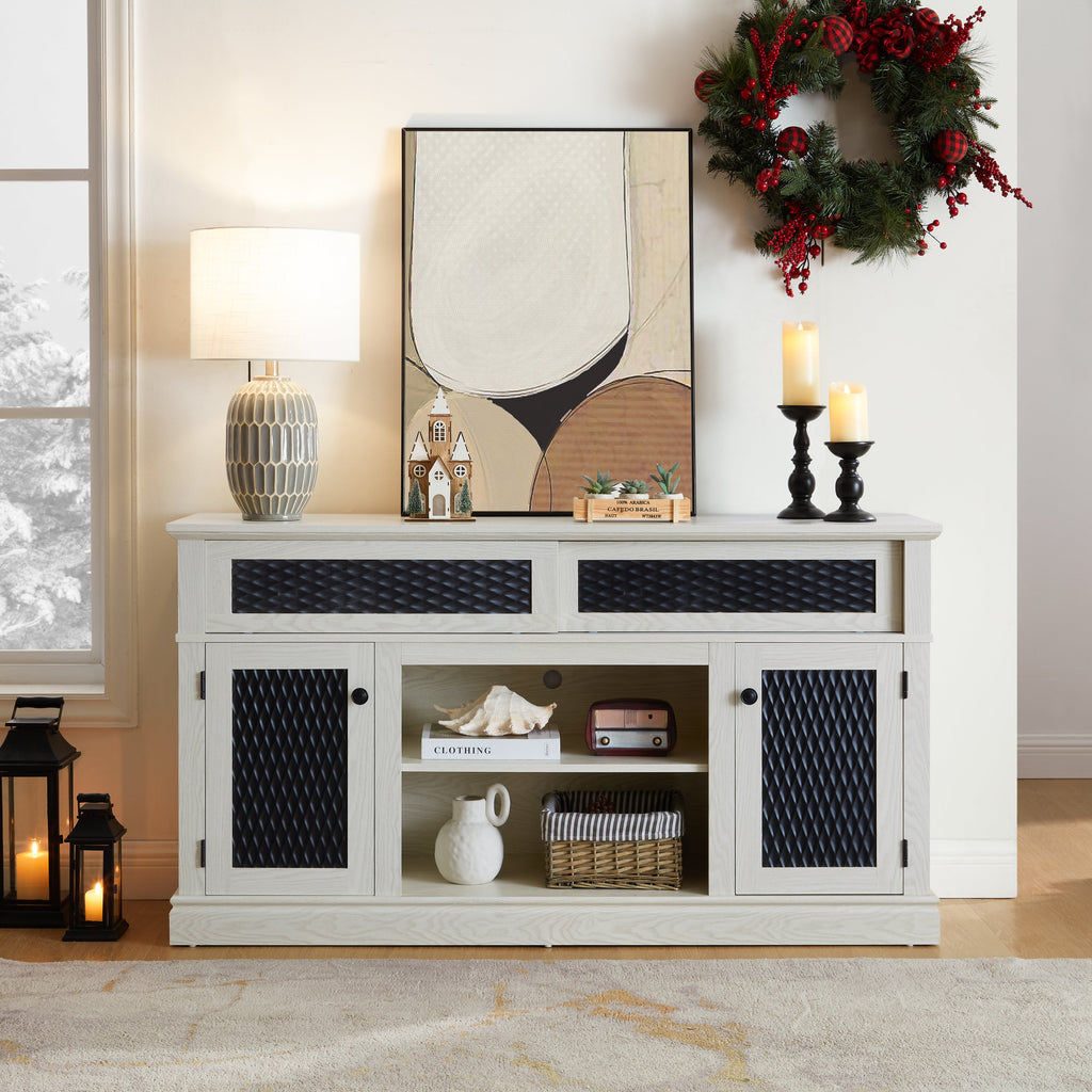 Embossed Pattern TV Stand, TV and Media Console with Open and Closed Storage Space and sliding door for Living Room & Bedroom,White, 58.27'W*15.35'W*31.7H