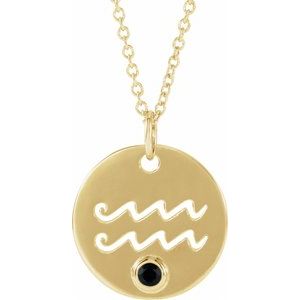 14K Yellow Gold Natural Black Spinel Aquarius Zodiac 16-18" Necklace