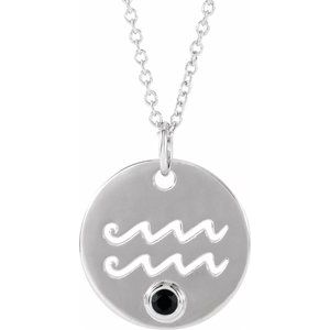 Sterling Silver Natural Black Spinel Aquarius Zodiac 16-18" Necklace