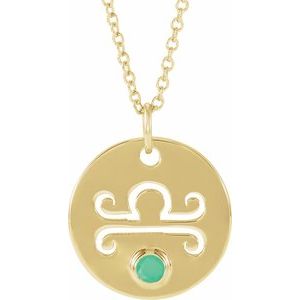 14K Yellow Gold Natural Green Chrysoprase Libra Zodiac 16-18" Necklace