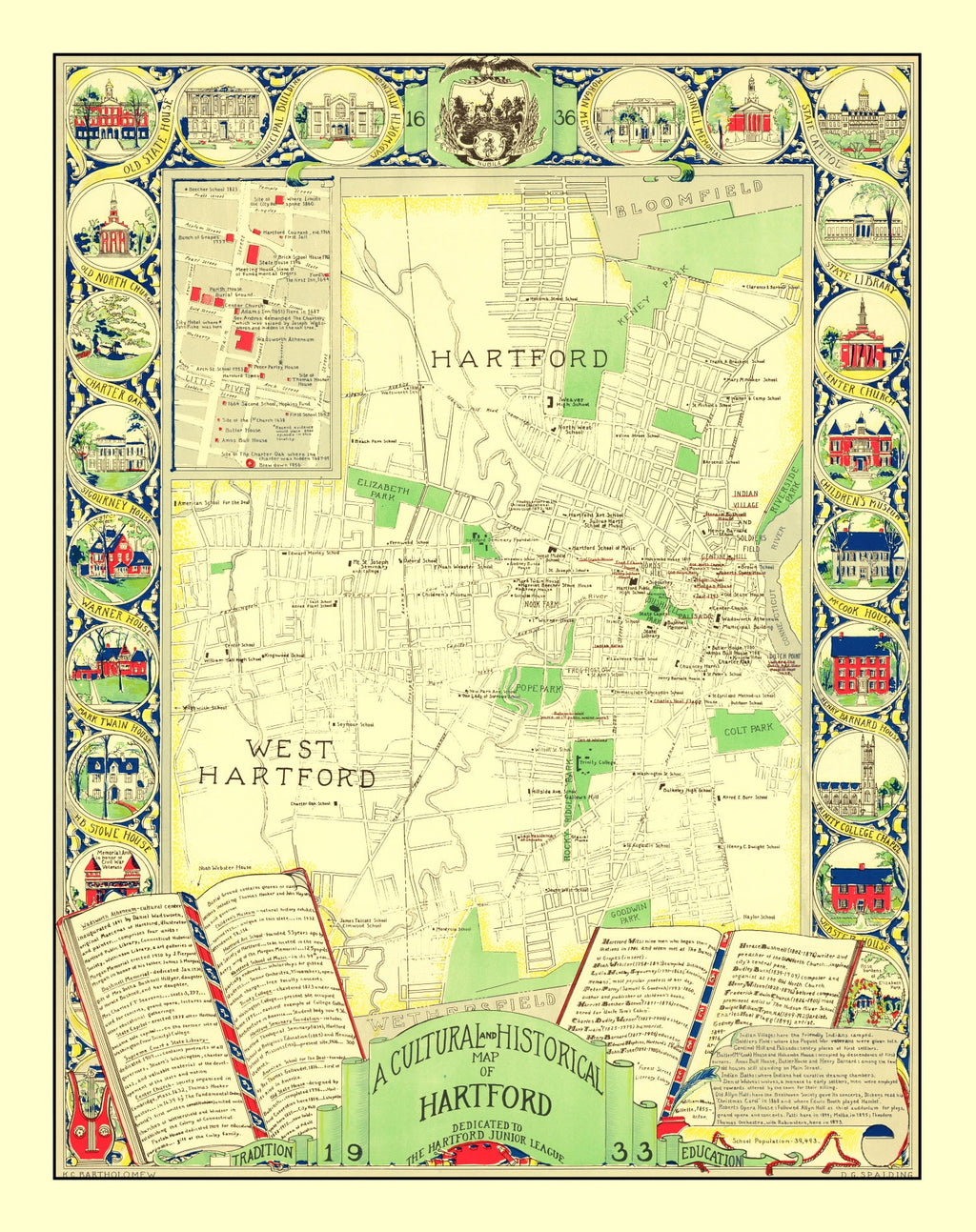 Vintage Map of Hartford, Connecticut 1933