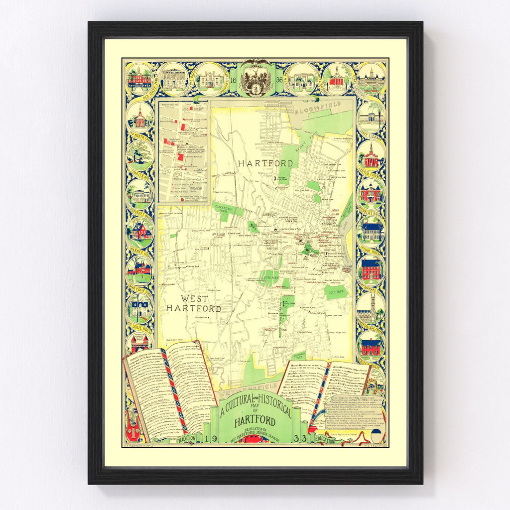 Vintage Map of Hartford, Connecticut 1933