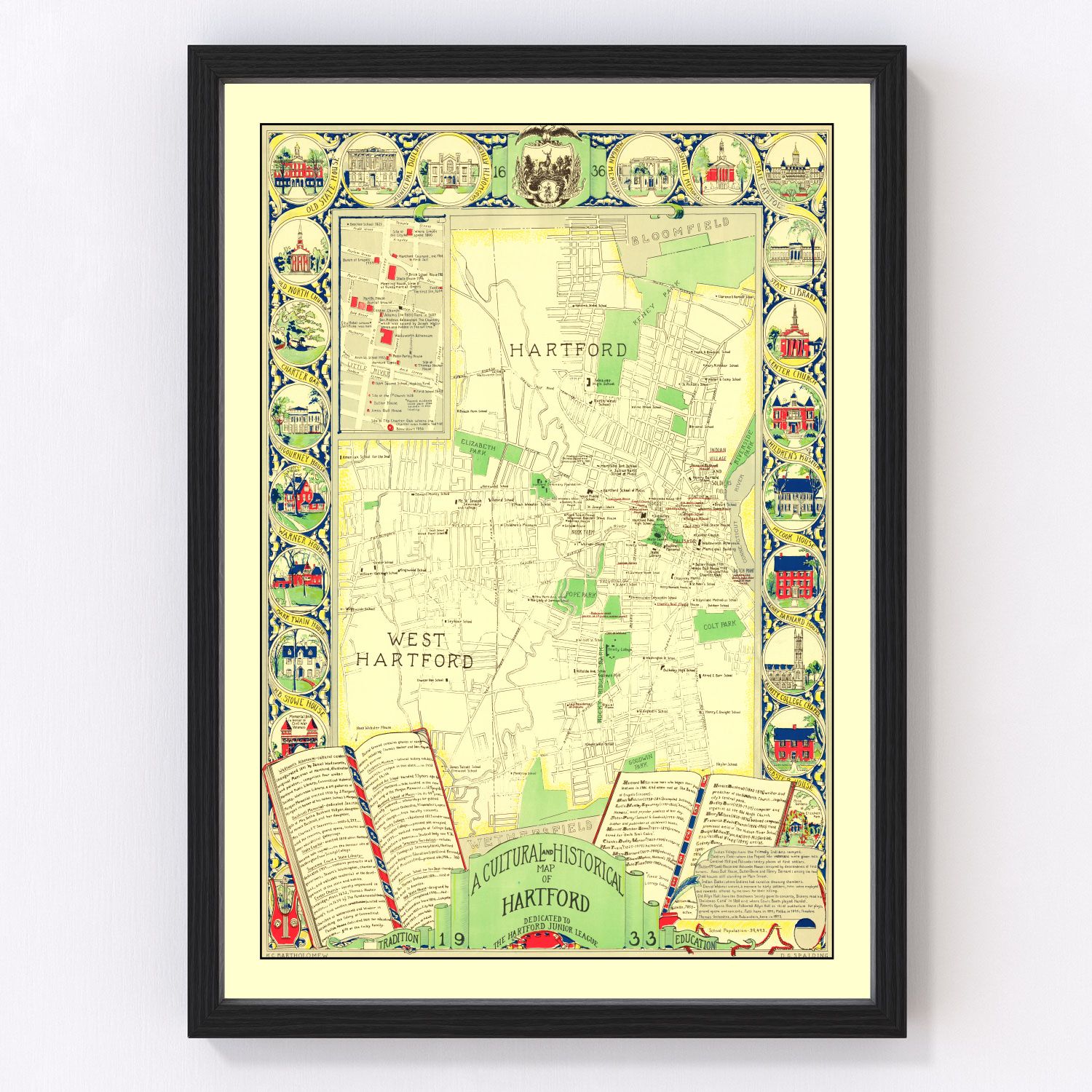 Vintage Map of Hartford, Connecticut 1933