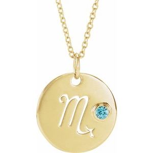 14K Yellow Gold Natural Blue Zircon Scorpio Zodiac 16-18" Necklace