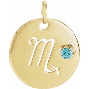 14K Yellow Gold Natural Blue Zircon Scorpio Zodiac Pendant