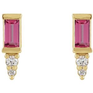14K Yellow Gold Natural Pink Tourmaline & .03 CTW Natural Diamond Bar Earrings