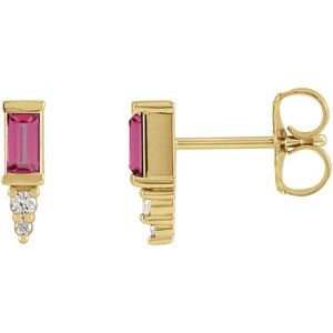 14K Yellow Gold Natural Pink Tourmaline & .03 CTW Natural Diamond Bar Earrings