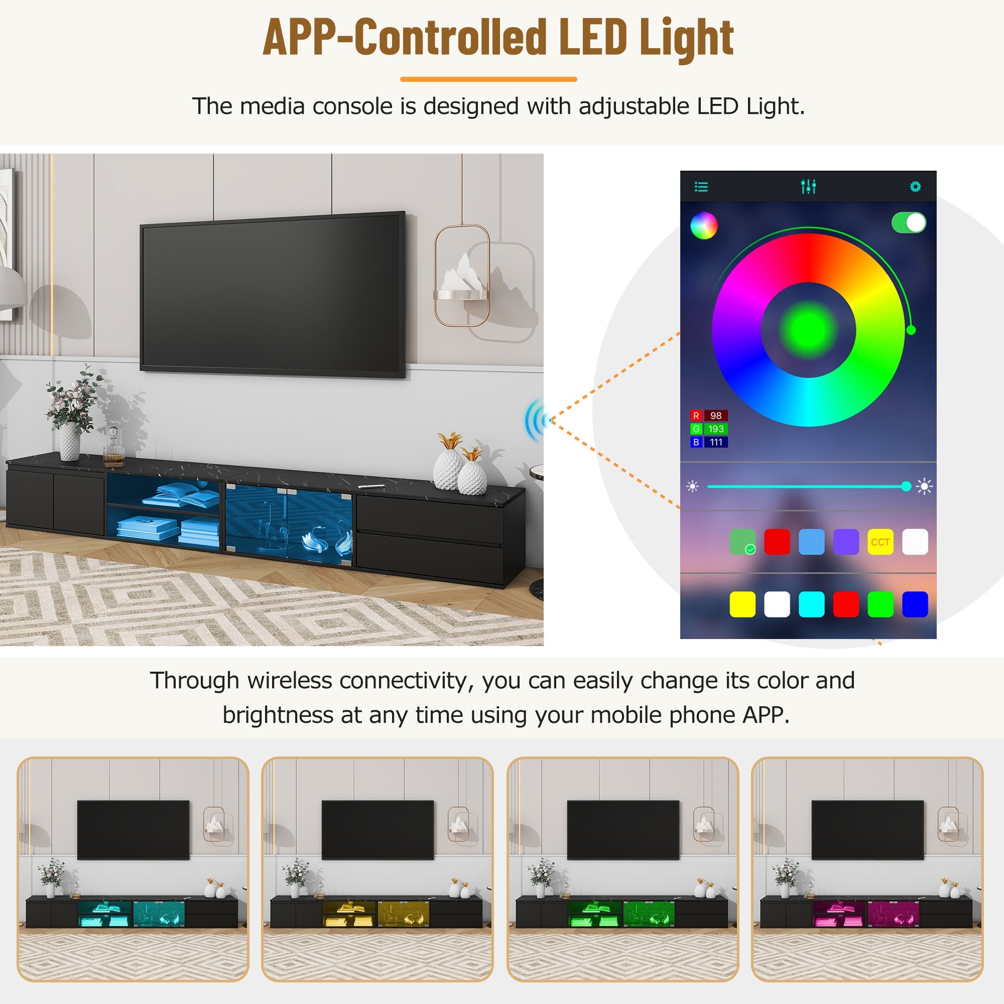 ON-TREND Modern APP Controlled LED TV Stand for TVs Up to 105'', Faux Marble Tabletop Media Console with Tempered Glass Doors, Entertainment Center with 2 Drawers & Cabinets for Living Room, Black