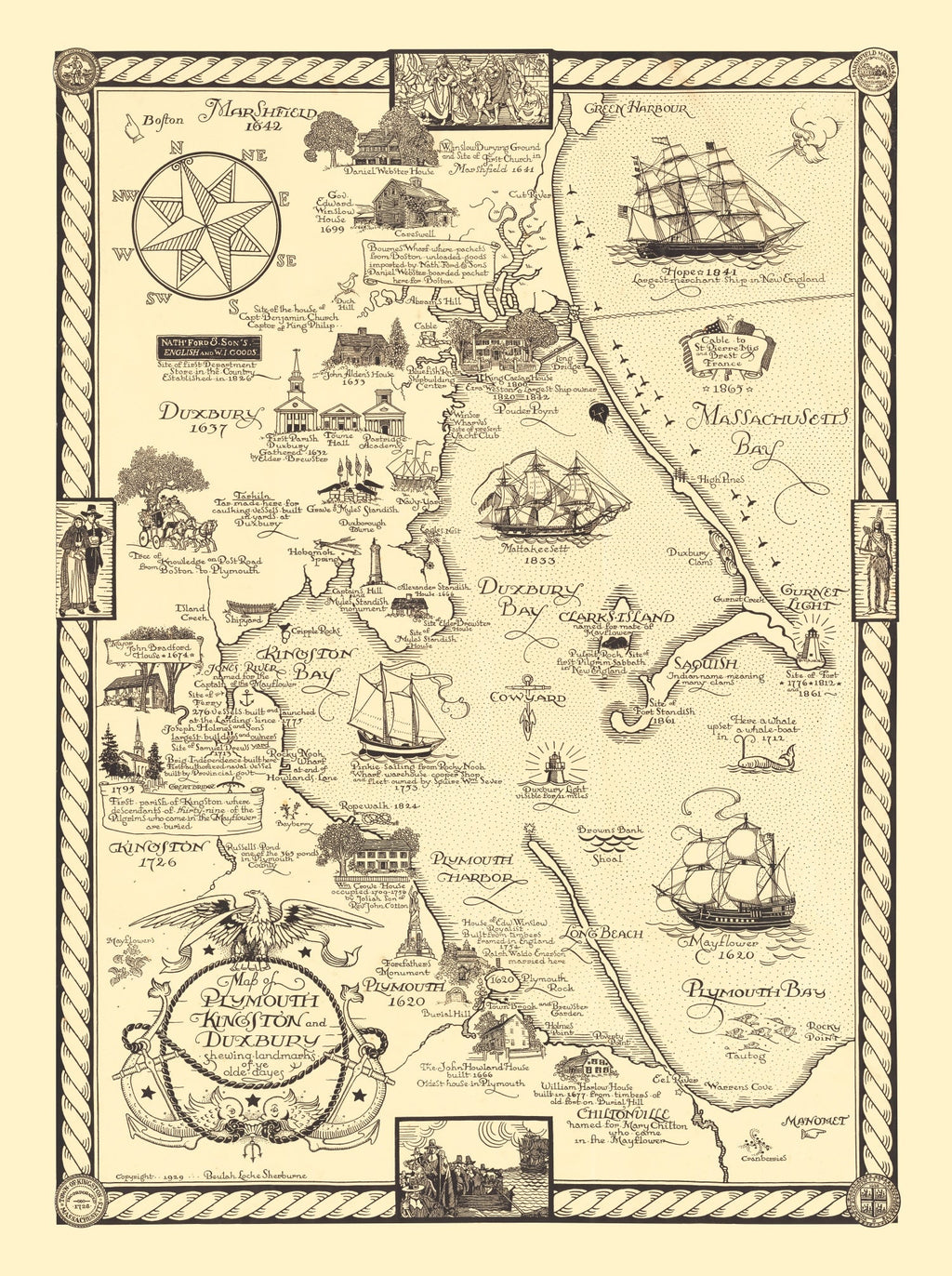 Vintage Map of Plymouth & Duxbury, 1929