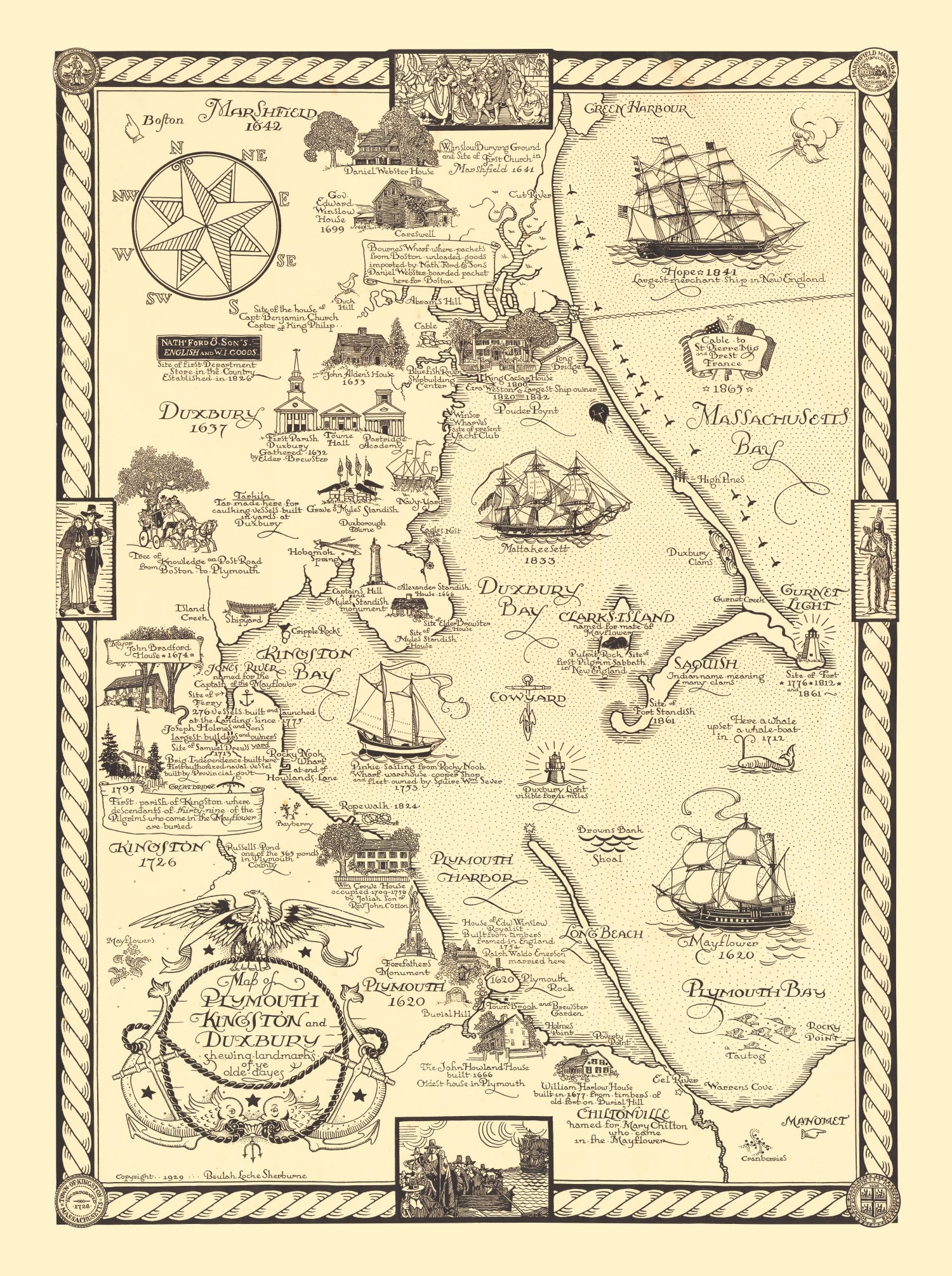 Vintage Map of Plymouth & Duxbury, 1929
