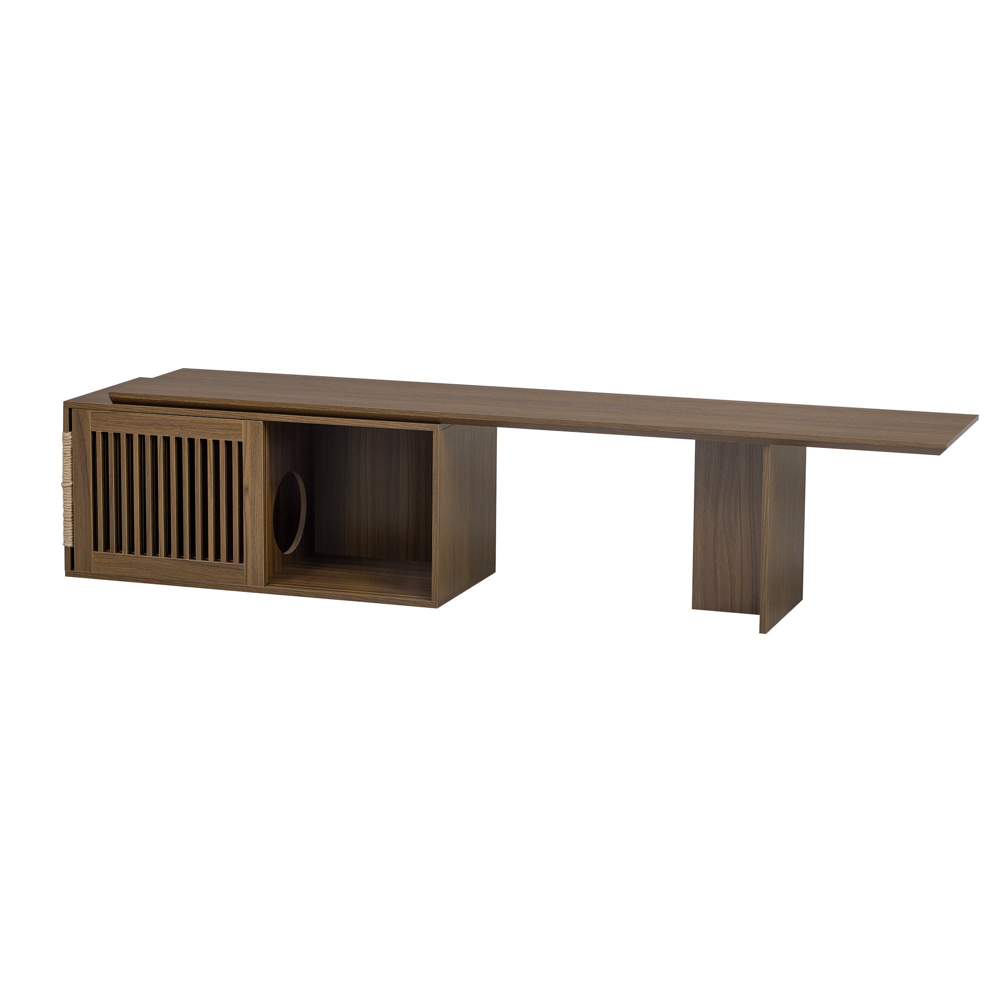 Mid-Century Modern 2 in 1 Cat Furniture Walnut TV Stand With Extendable table,  Litter Box Enclosure with Cat Scratcher