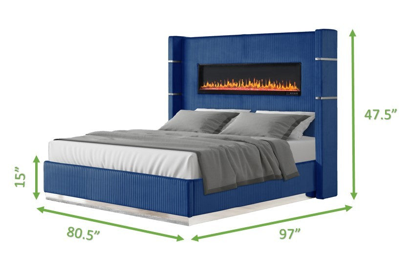 Modern Style Upholstery King 5 Piece(Includes: King Size Bed, Nightstand, Chest of Drawers, Dresser, and Mirror) Fireplace Bedroom Set made with wood in Blue
