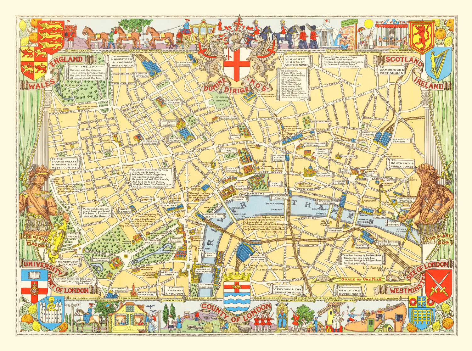 Vintage Children's Map of London, England 1938