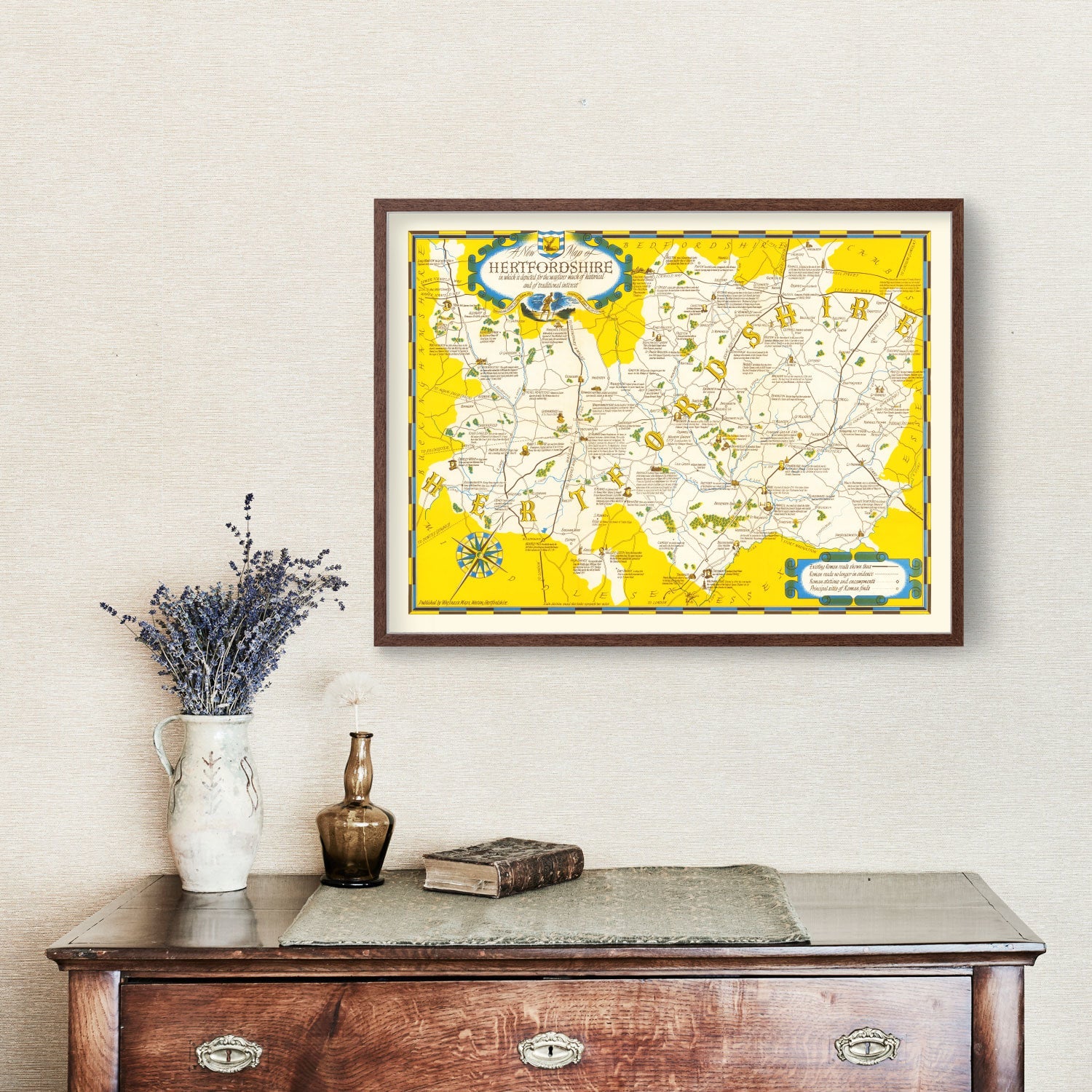 Vintage Map of Hartfordshire, United Kingdom 1950