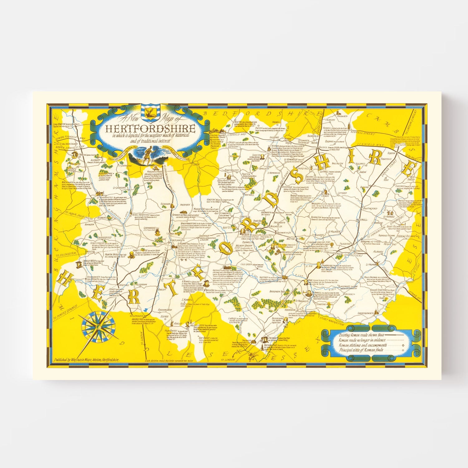 Vintage Map of Hartfordshire, United Kingdom 1950