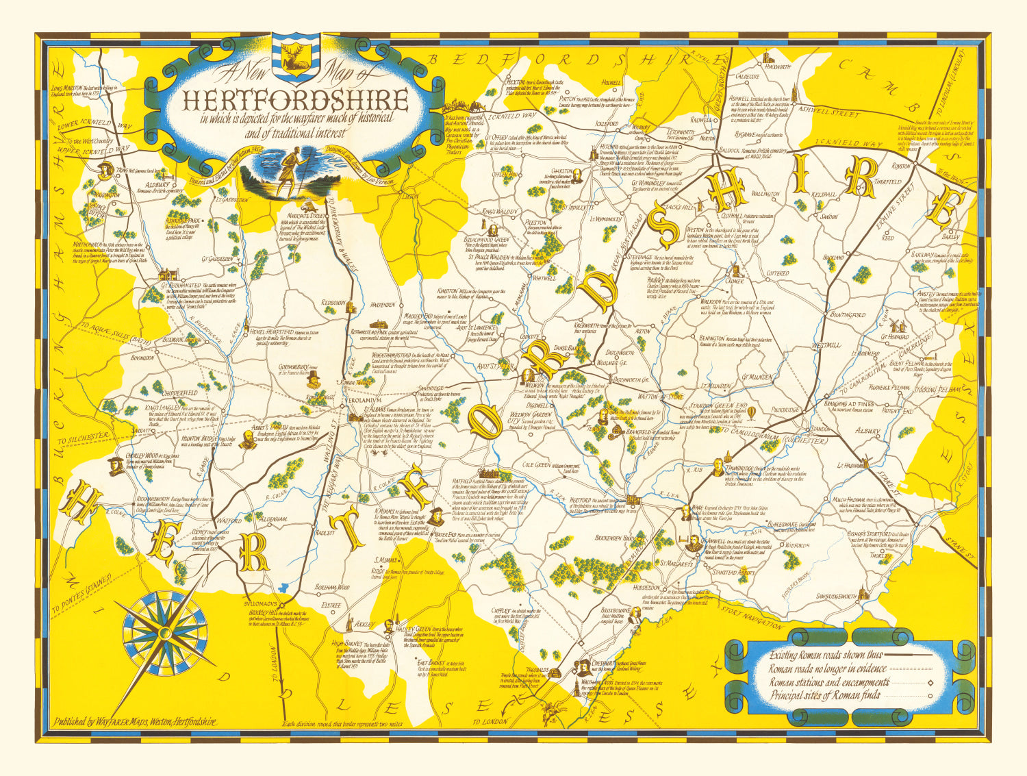 Vintage Map of Hartfordshire, United Kingdom 1950