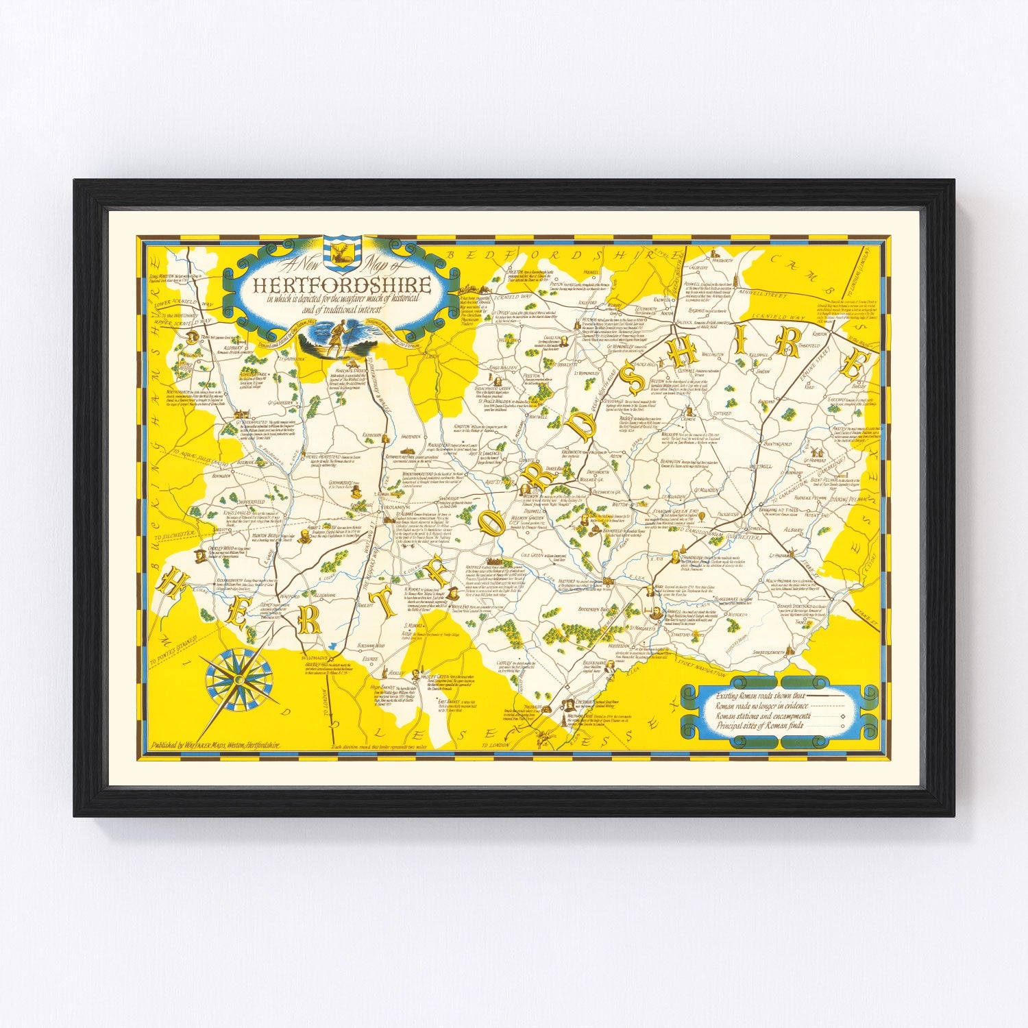 Vintage Map of Hartfordshire, United Kingdom 1950