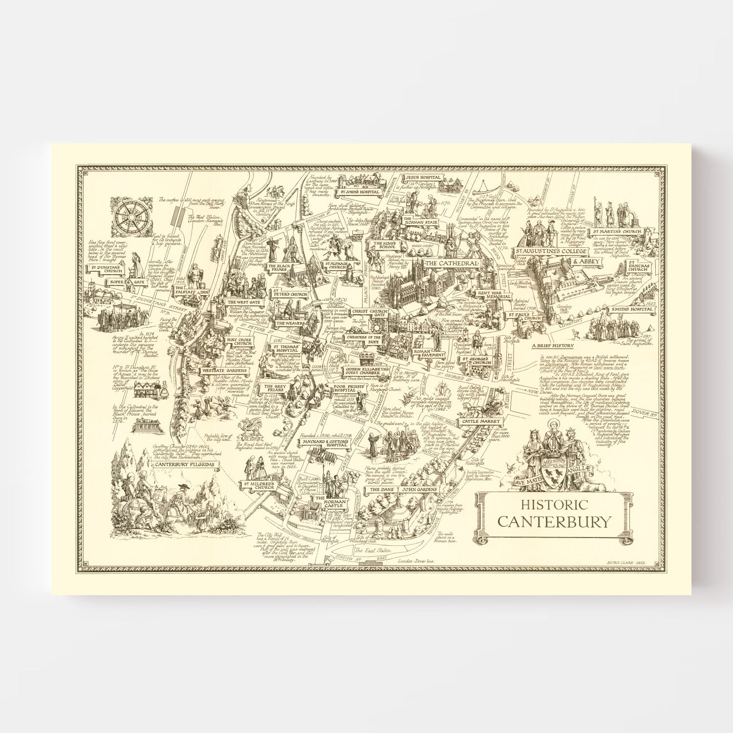 Vintage Map of Canterbury, England 1952