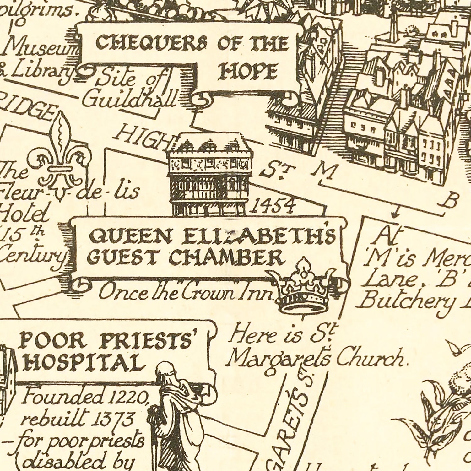 Vintage Map of Canterbury, England 1952