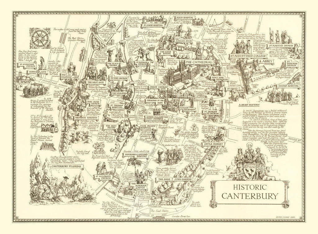 Vintage Map of Canterbury, England 1952