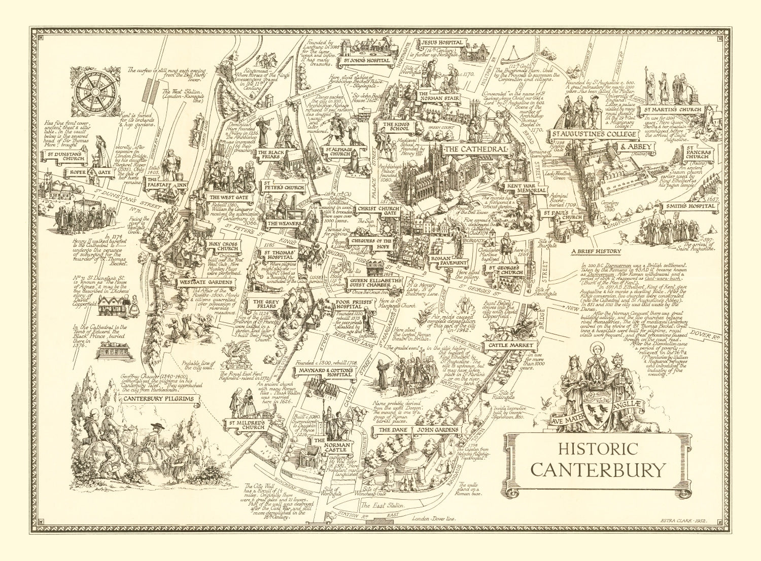 Vintage Map of Canterbury, England 1952