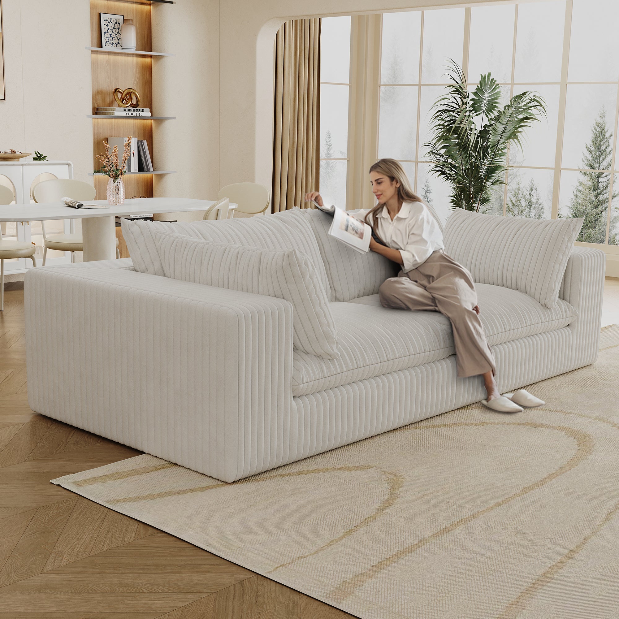 39.8' Cloud Sofa,Corduroy Fabric,Deep Seat Couches,Double-layer design,Removable  Cushion,No Assembly, DIY Combination for Living room, Bedroom,Conference room ,Apartment,White