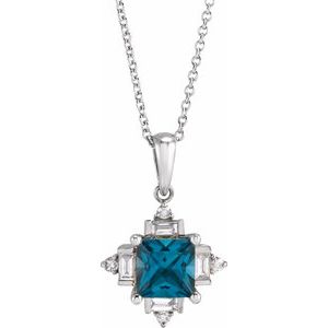 14K White Gold Natural London Blue Topaz & 1/5 CTW Natural Diamond Geometric 16-18" Necklace