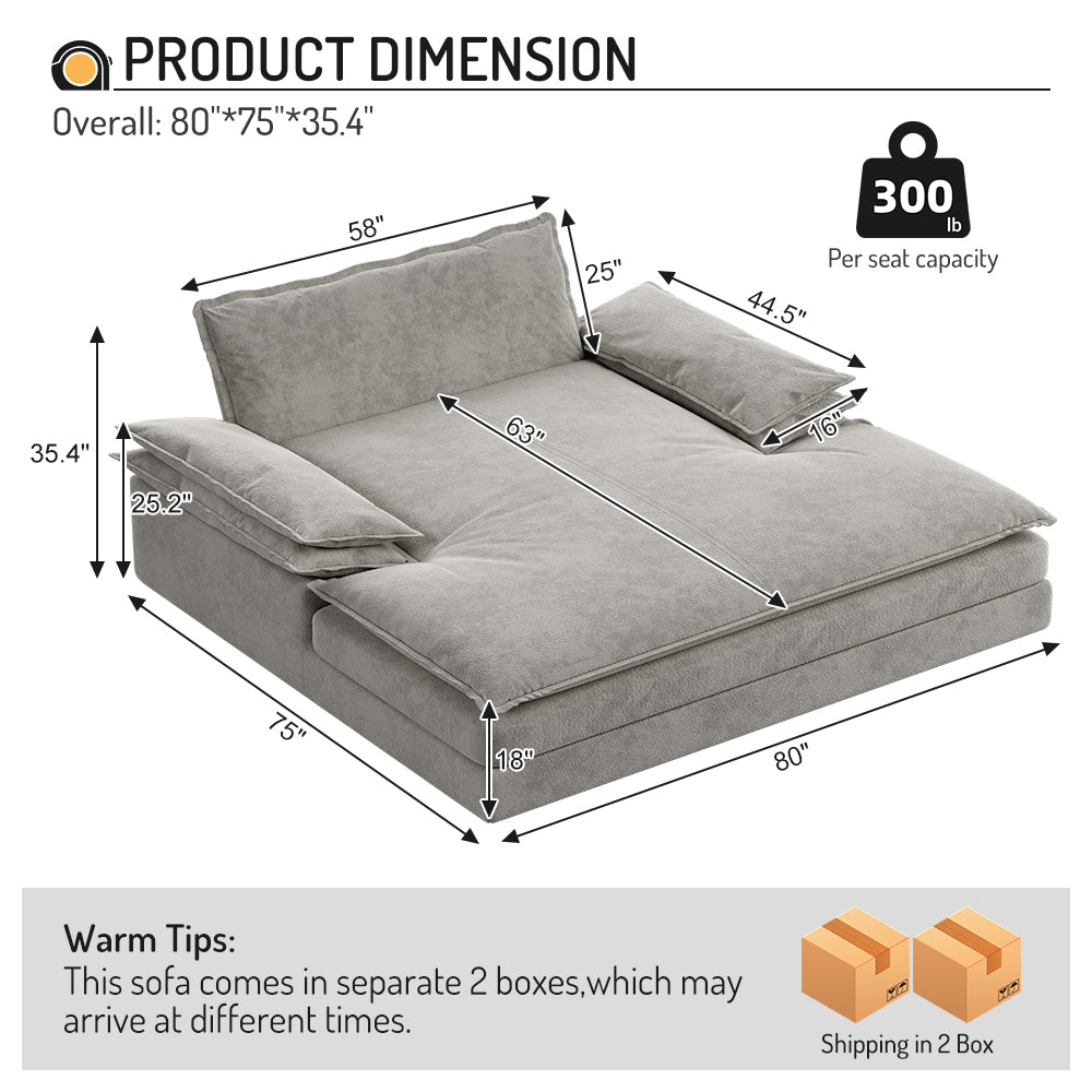 Modern Oversized Double Chaise Lounge Chair,Deep Seat Upholstered Reading Chair with Detachable Design,Chenille Lazy Sofa w/ Large Pillows & Wide Armrests,Suitable for Living Rooms, Apartments,Grey