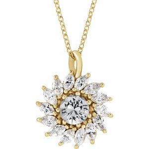 14K Yellow Gold Natural White Sapphire & 5/8 CTW Natural Diamond Halo-Style 16-18" Necklace