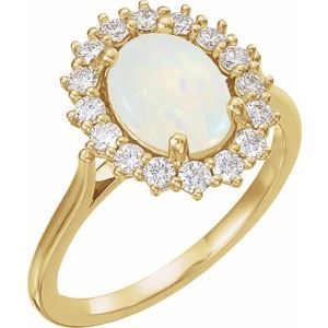 14K Yellow Gold Natural White Opal & 1/5 CTW Natural Diamond Ring