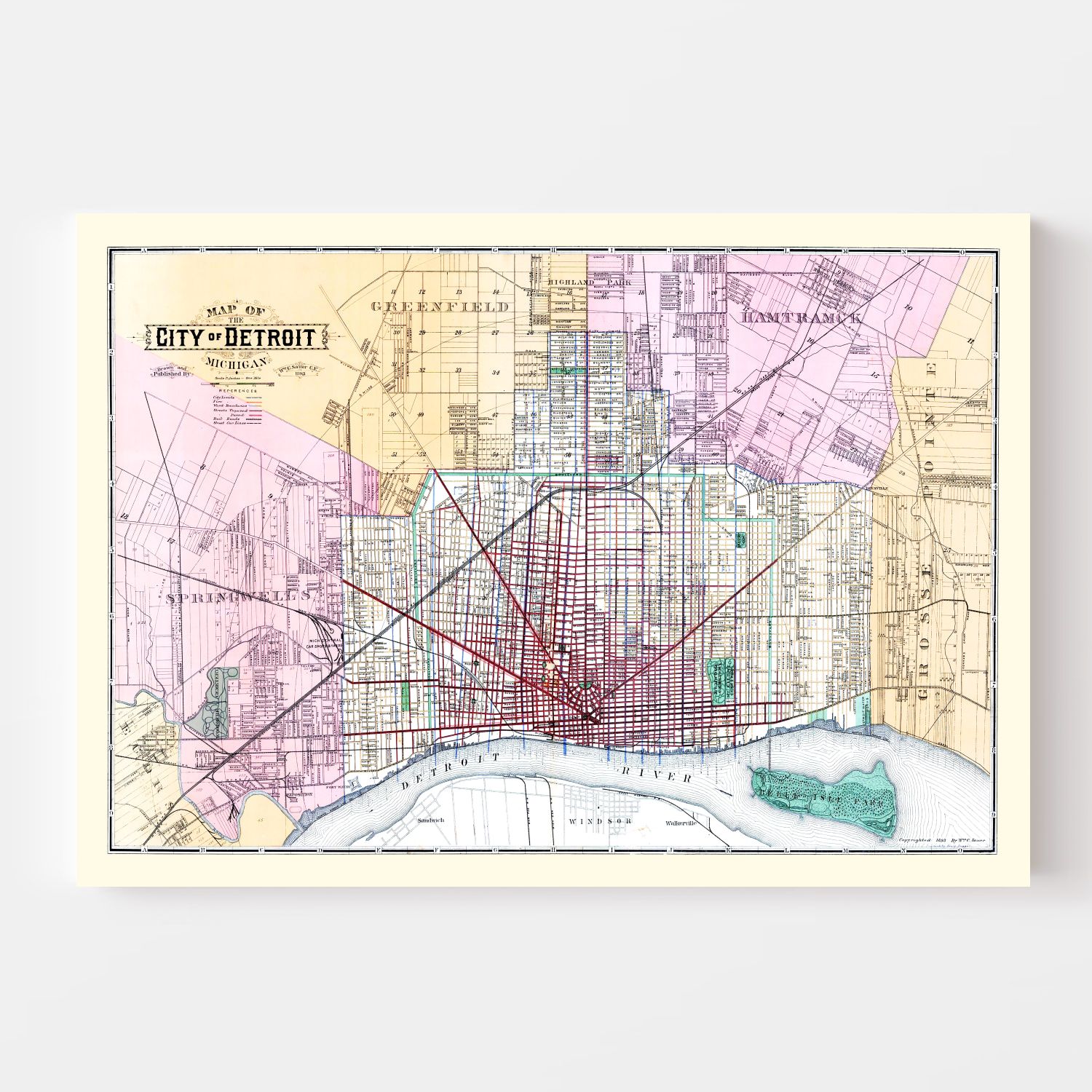 Vintage Map of Detroit, Michigan 1883