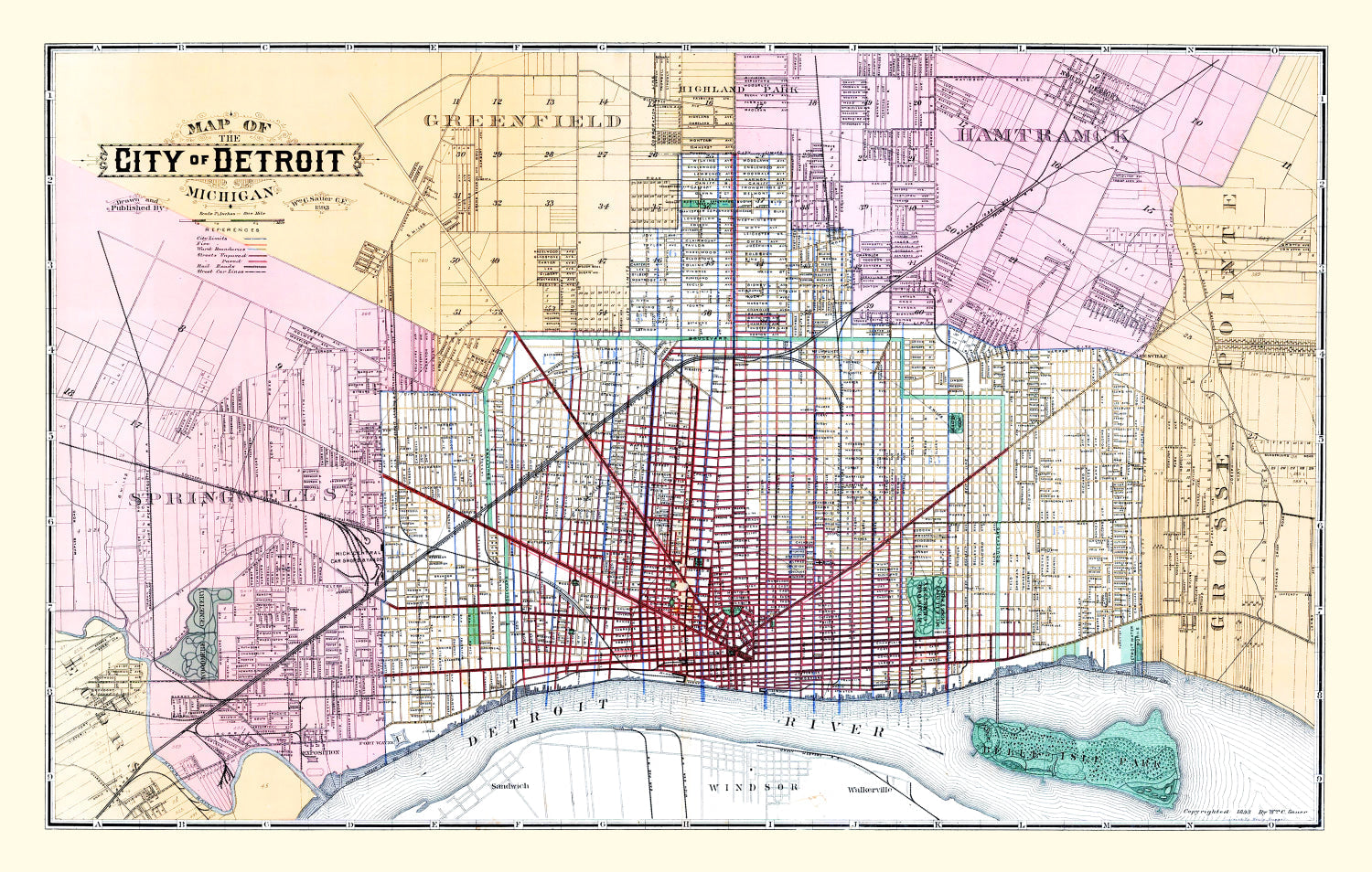 Vintage Map of Detroit, Michigan 1883