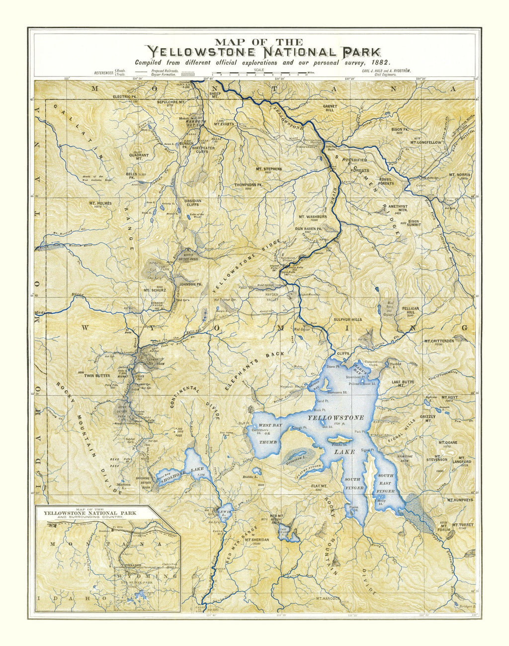 Vintage Map of Yellowstone National Park, 1882