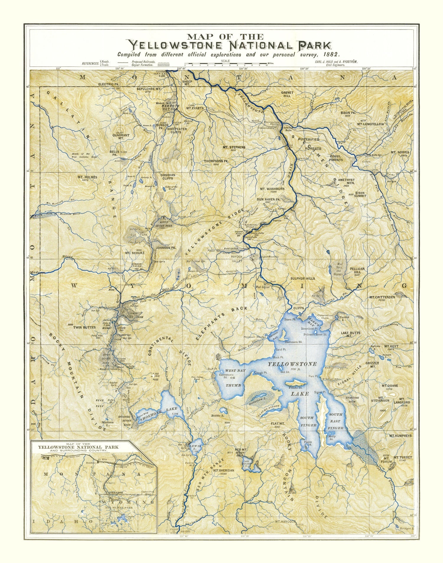 Vintage Map of Yellowstone National Park, 1882