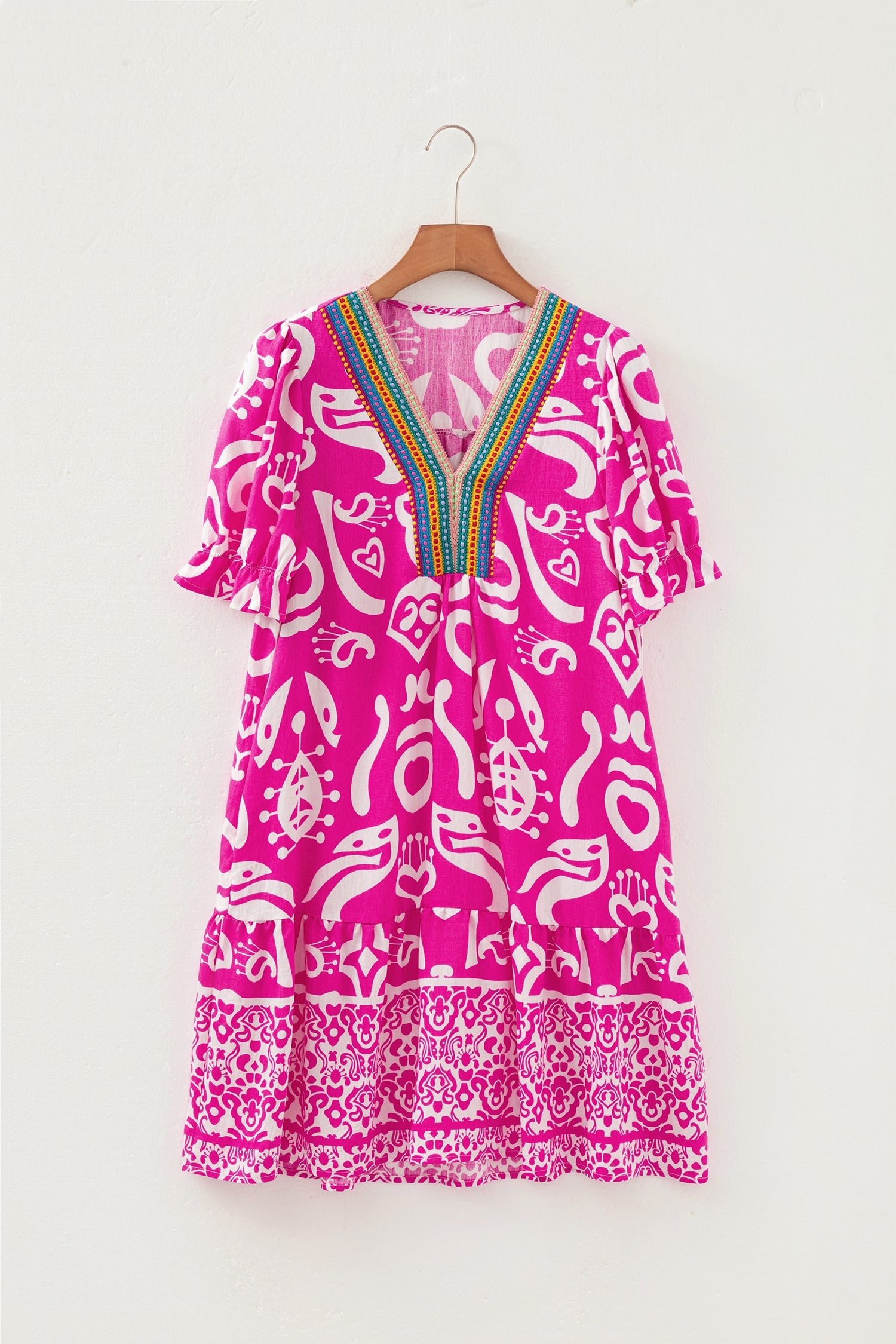 Boho Abstract Contrast Trim V-Neck Flared Dress