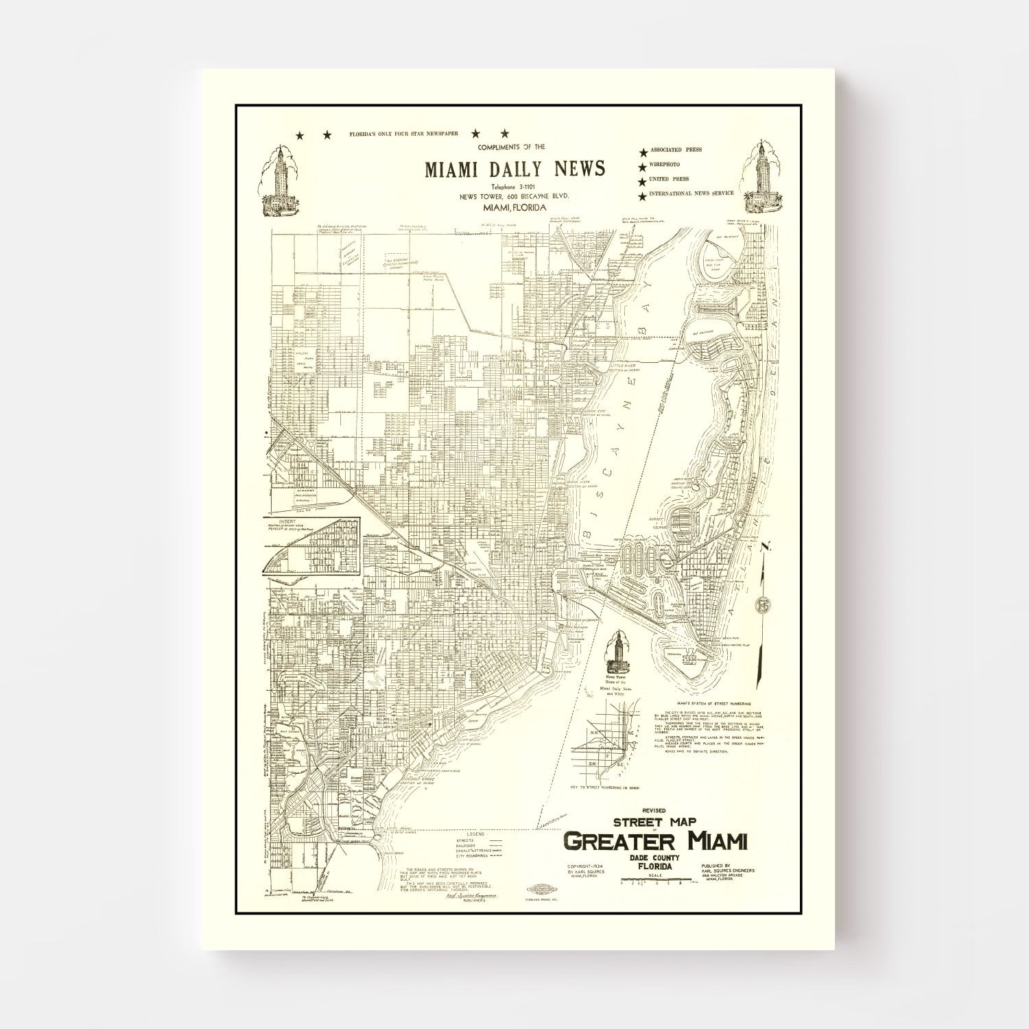Vintage Map of Miami, Florida 1934