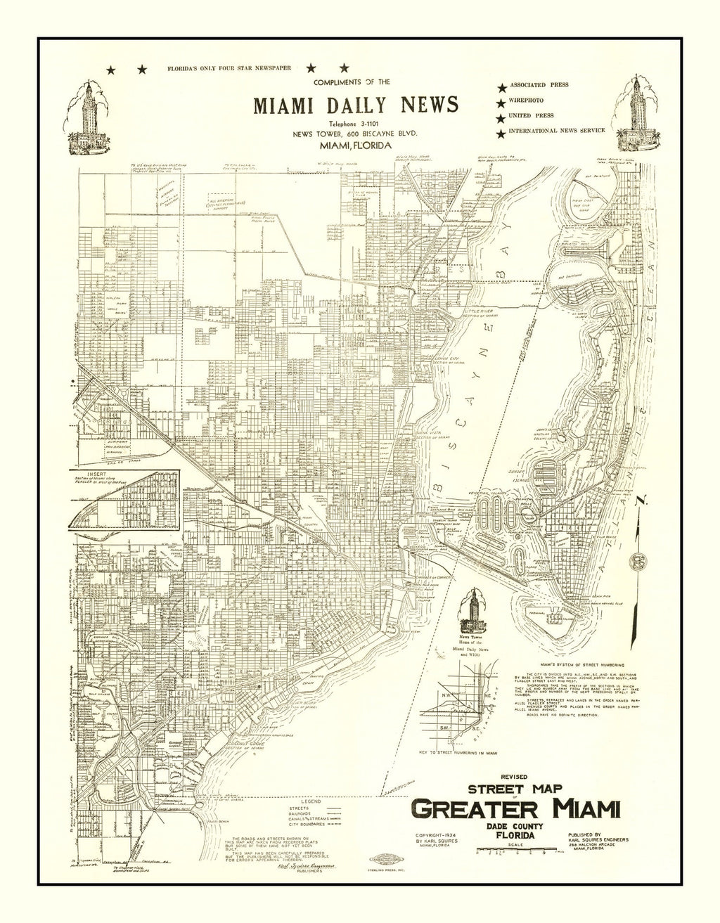 Vintage Map of Miami, Florida 1934